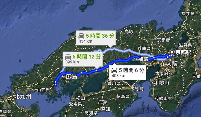 京都駅から自衛隊岩国基地までの地図